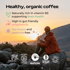 Organic house roast coffee in a bag from Exhale Healthy Coffee, showcasing fresh, whole coffee beans ready for brewing.