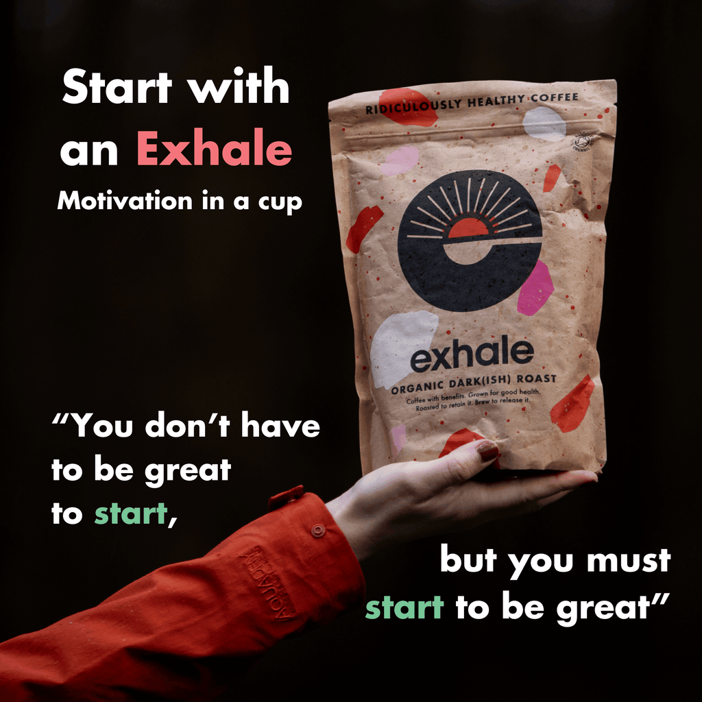 Organic dark roast coffee from Exhale Healthy Coffee, showing a bag of rich, dark roasted coffee beans on a rustic background.