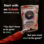 Organic dark roast coffee from Exhale Healthy Coffee, showing a bag of rich, dark roasted coffee beans on a rustic background.