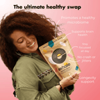 Organic dark roast coffee by Exhale Healthy Coffee in a bag with a label showing brewing instructions and health benefits.