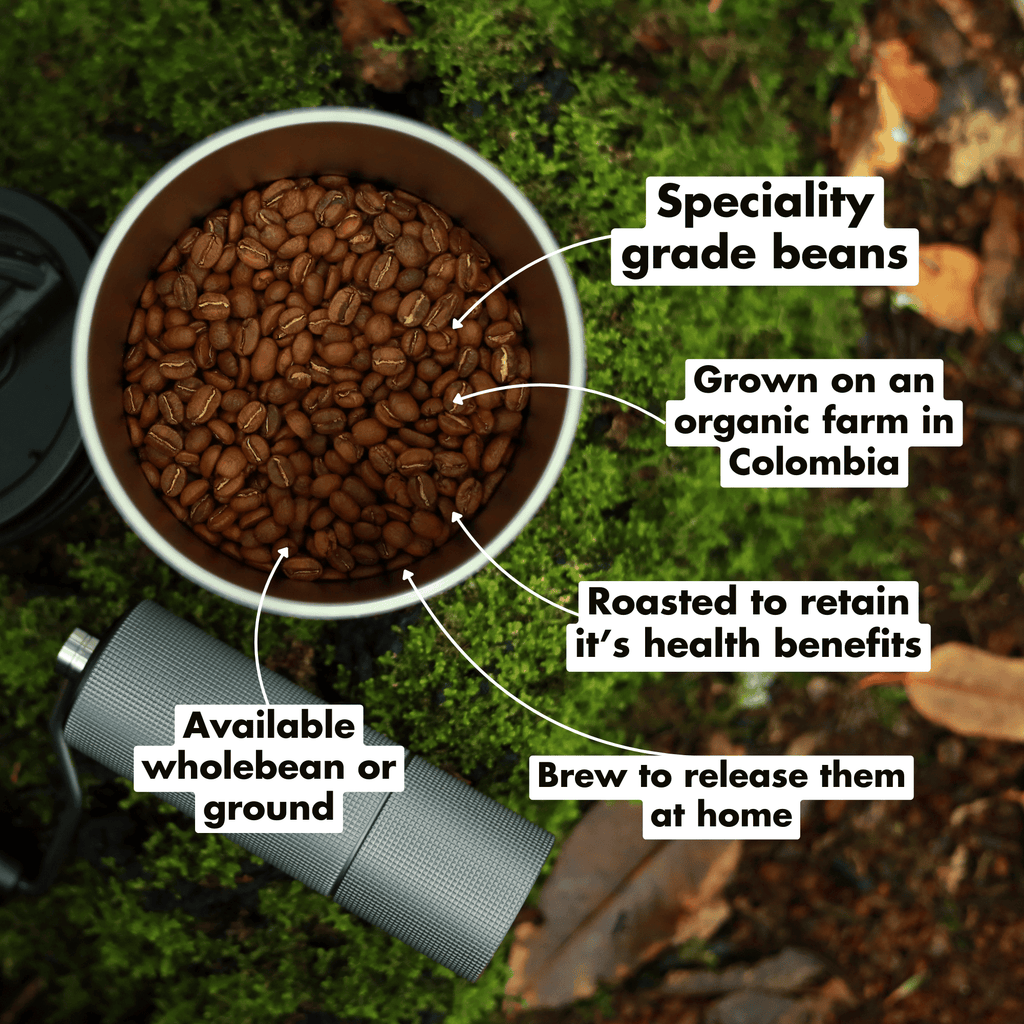 Organic dark roast coffee by Exhale Healthy Coffee, showing a brewed coffee cup with a rich, dark color and aromatic profile.