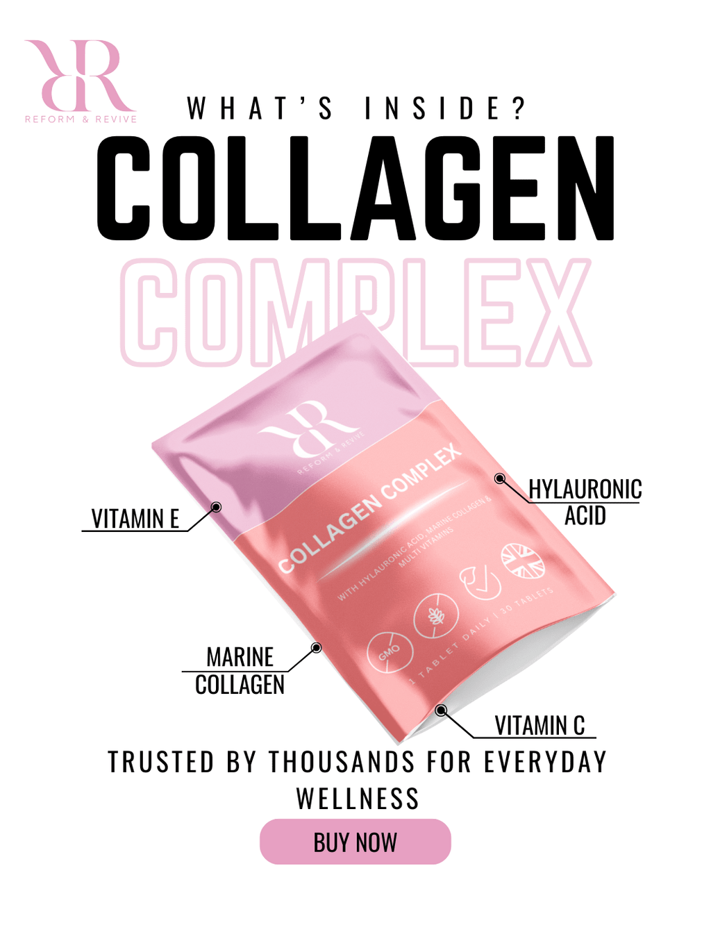 Reform and Revive Collagen Complex vitamins in a bottle, designed to support skin, hair, and beauty health.