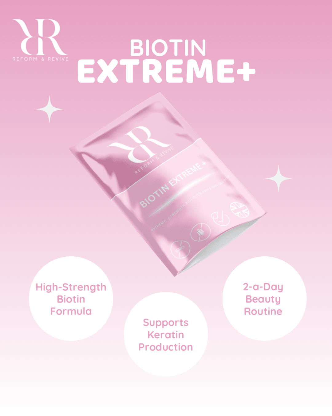 Reform and Revive Biotin Extreme vitamins in a bottle, designed to support healthy hair, skin, and nails with biotin supplement.