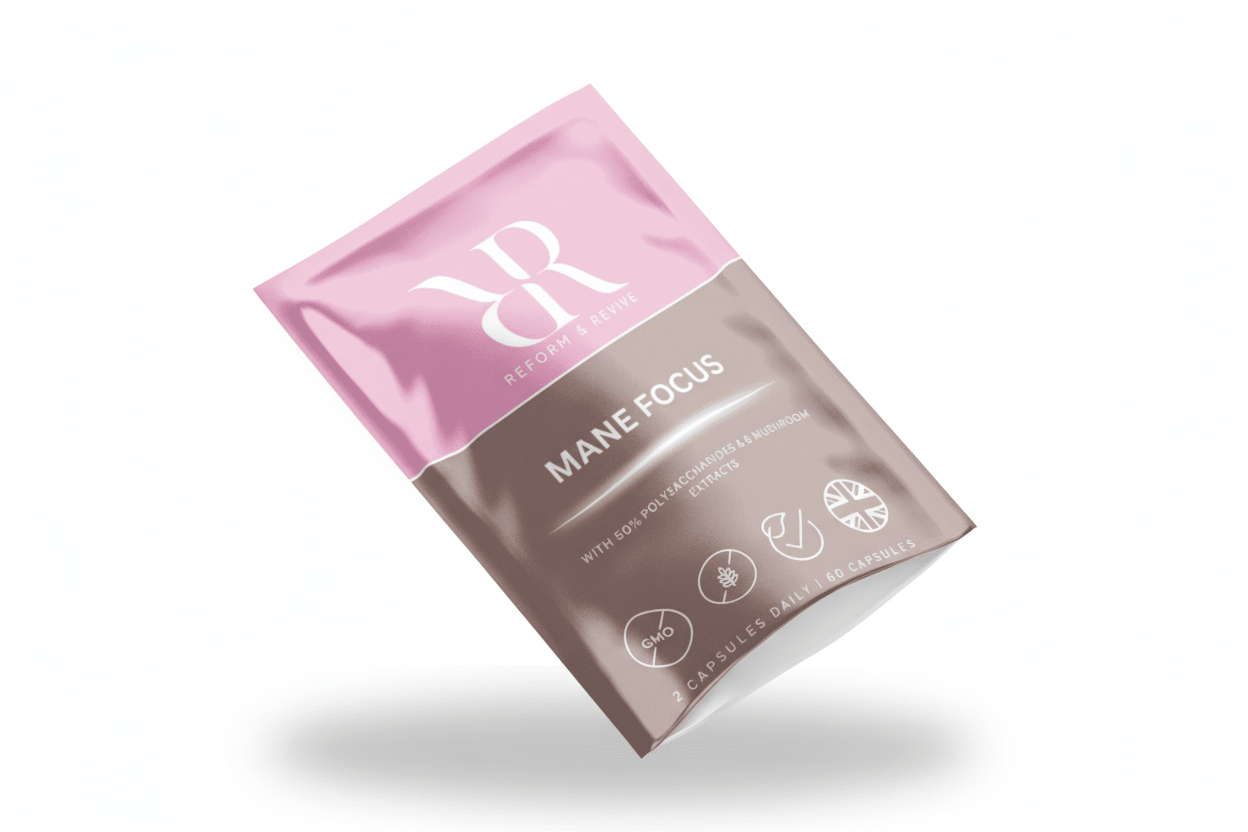 Reform and Revive Mane Focus+ vitamins bottle with label, showing cognitive support supplement for mental clarity and focus.