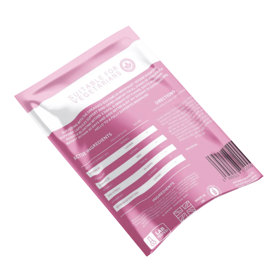 Reform and Revive hormone support capsules for women, designed for menopause and perimenopause relief, in a clear bottle.