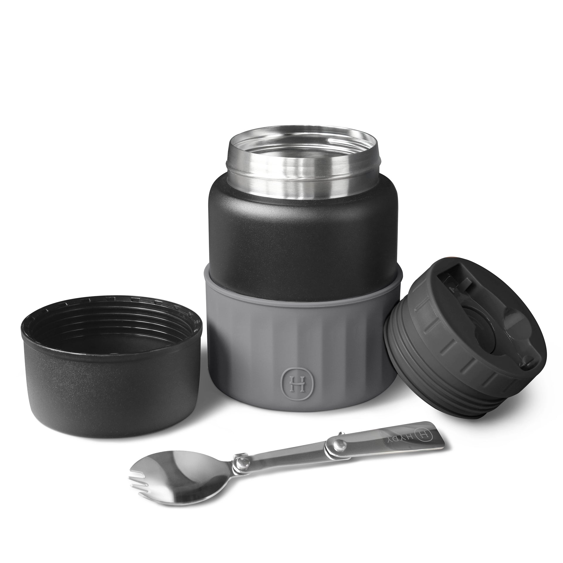 Metallic grey HYDY 20 fl oz black food jar with a sleek, insulated design, ideal for keeping meals fresh and hot or cold.