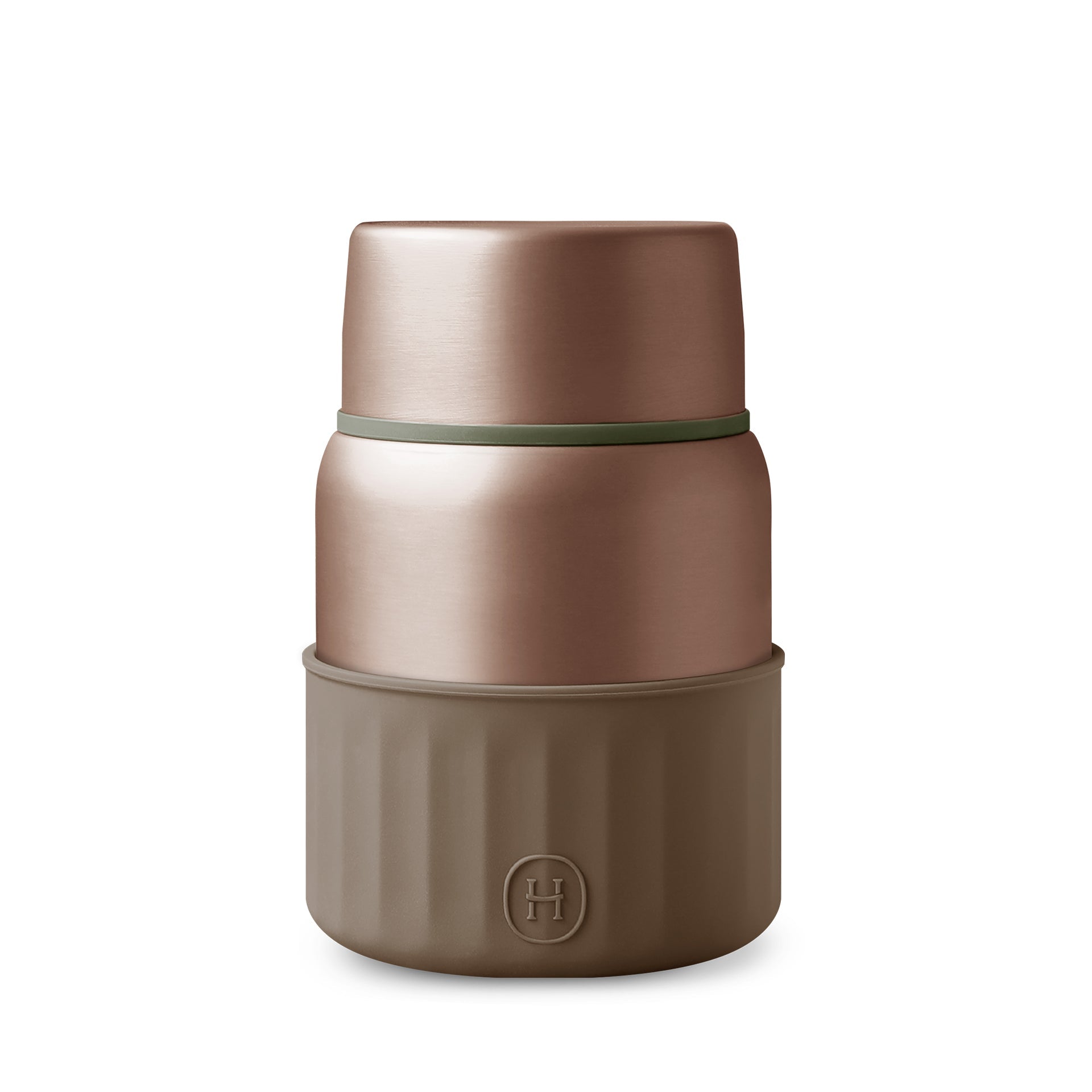 Metallic fir-colored HYDY food jar with a 20 fl oz capacity, featuring a sleek, insulated design for storing meals on the go.