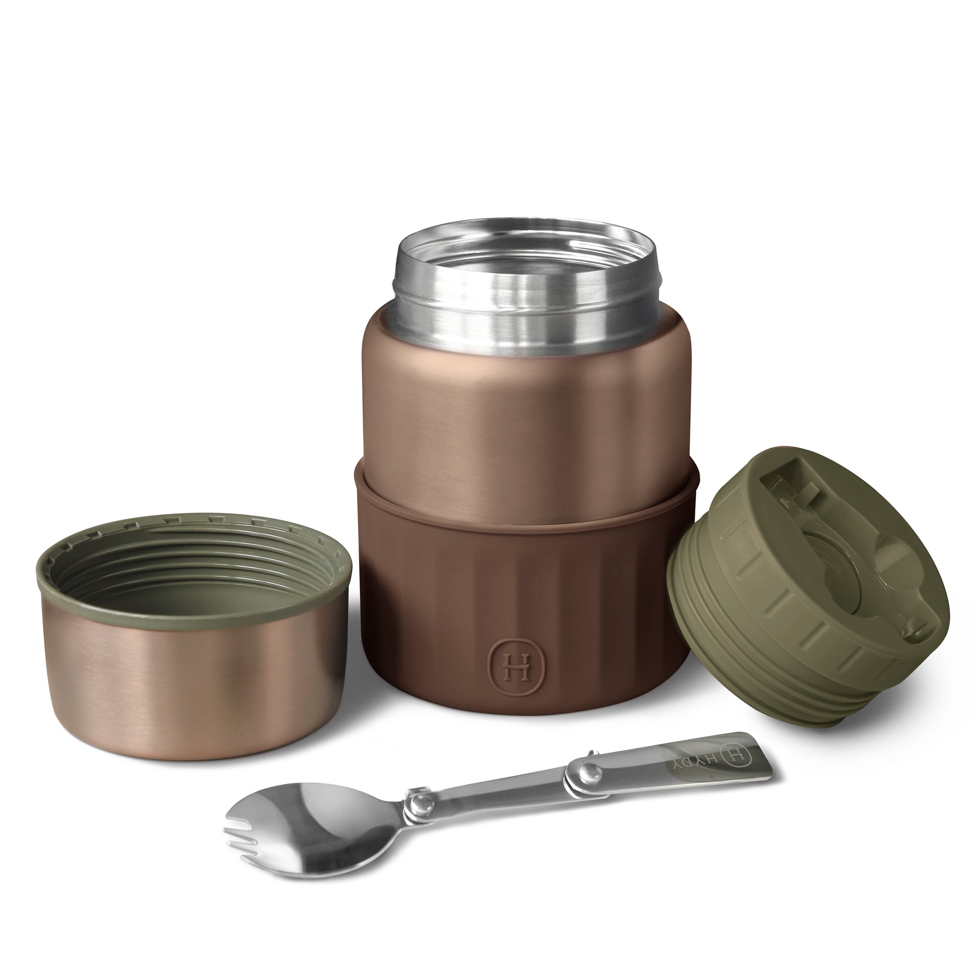 HYDY Metallic Fir Food Jar in Mocha, 20 fl oz, with stainless steel lid and sleek matte finish, ideal for storing meals on the go.