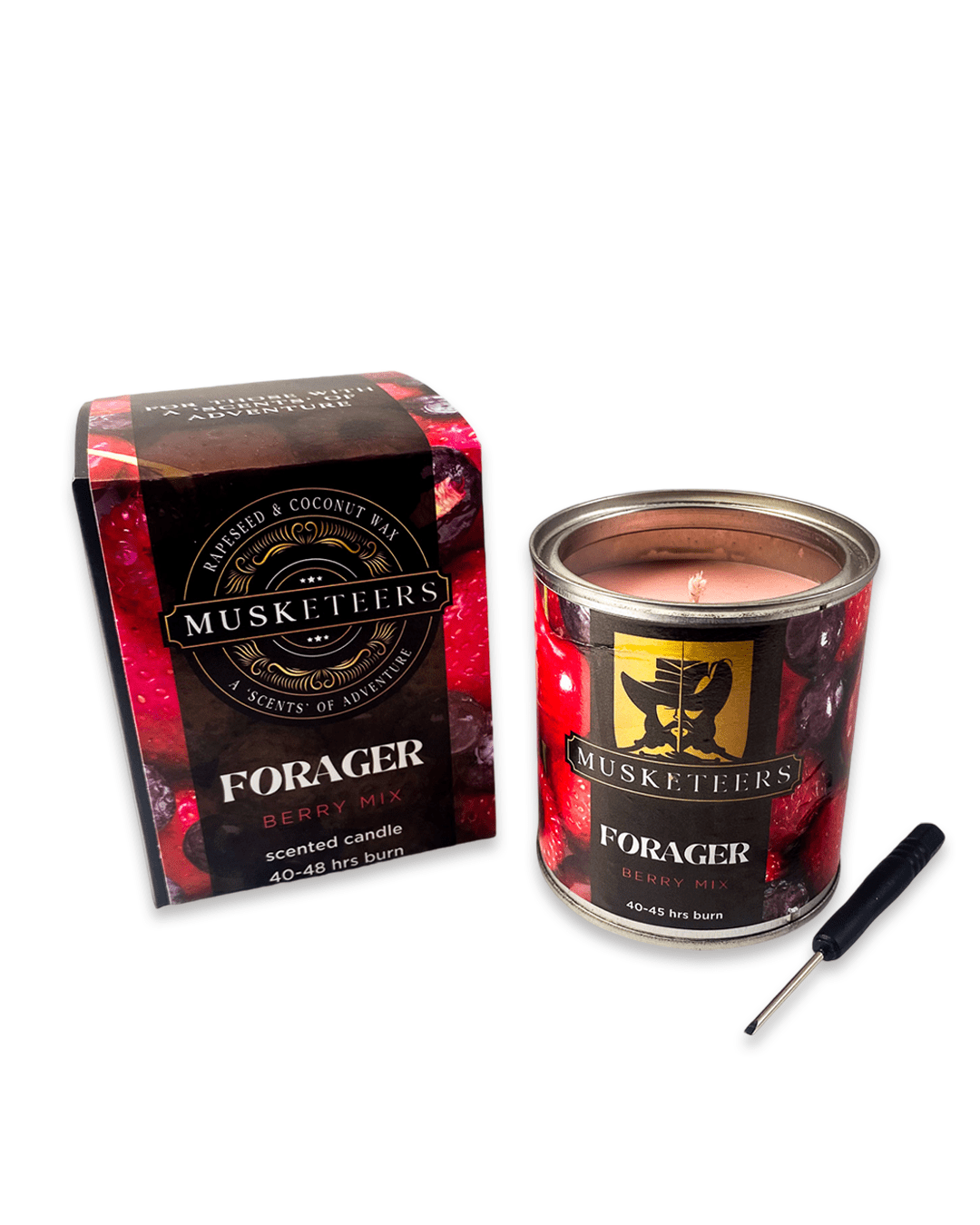 Musketeers Forager Berry Mix Candle with a glass jar and wick, featuring a vibrant berry scent in a cozy home setting.