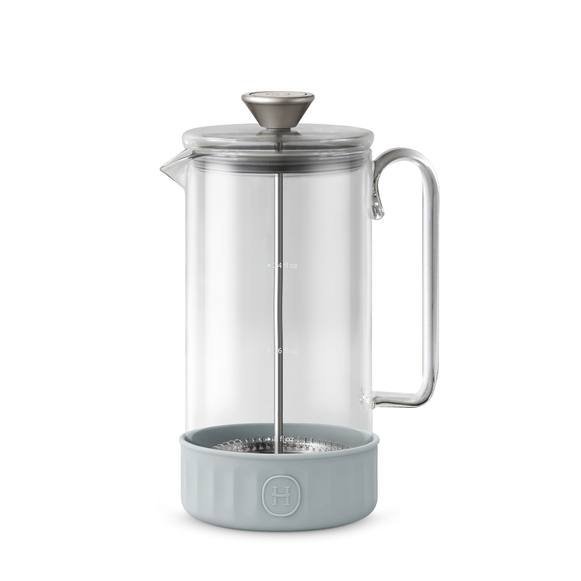 HYDY Cumulus French Press, 32 fl oz, with glass body and stainless steel lid, ready for brewing coffee or tea.
