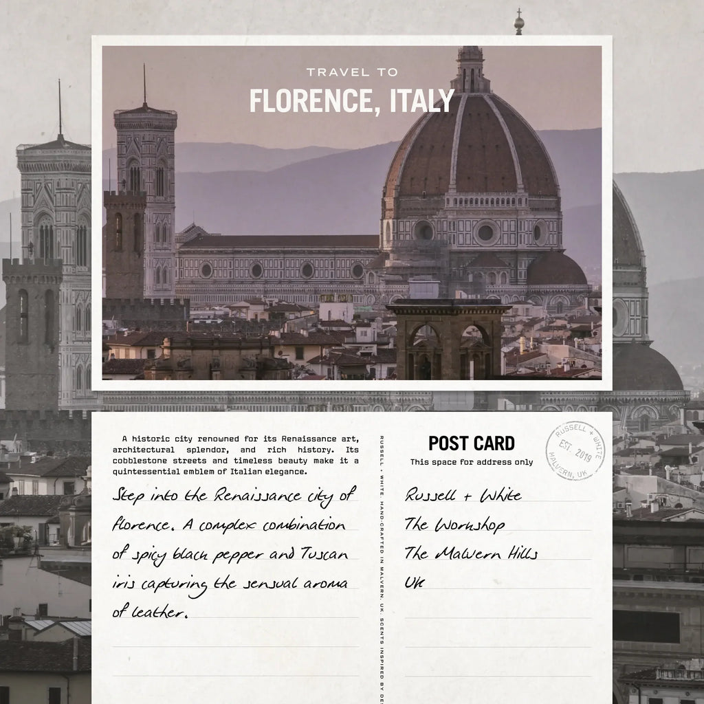 Firenze Leather scented soy candle refill by Russell + White, showing the refill package with leather-inspired design.