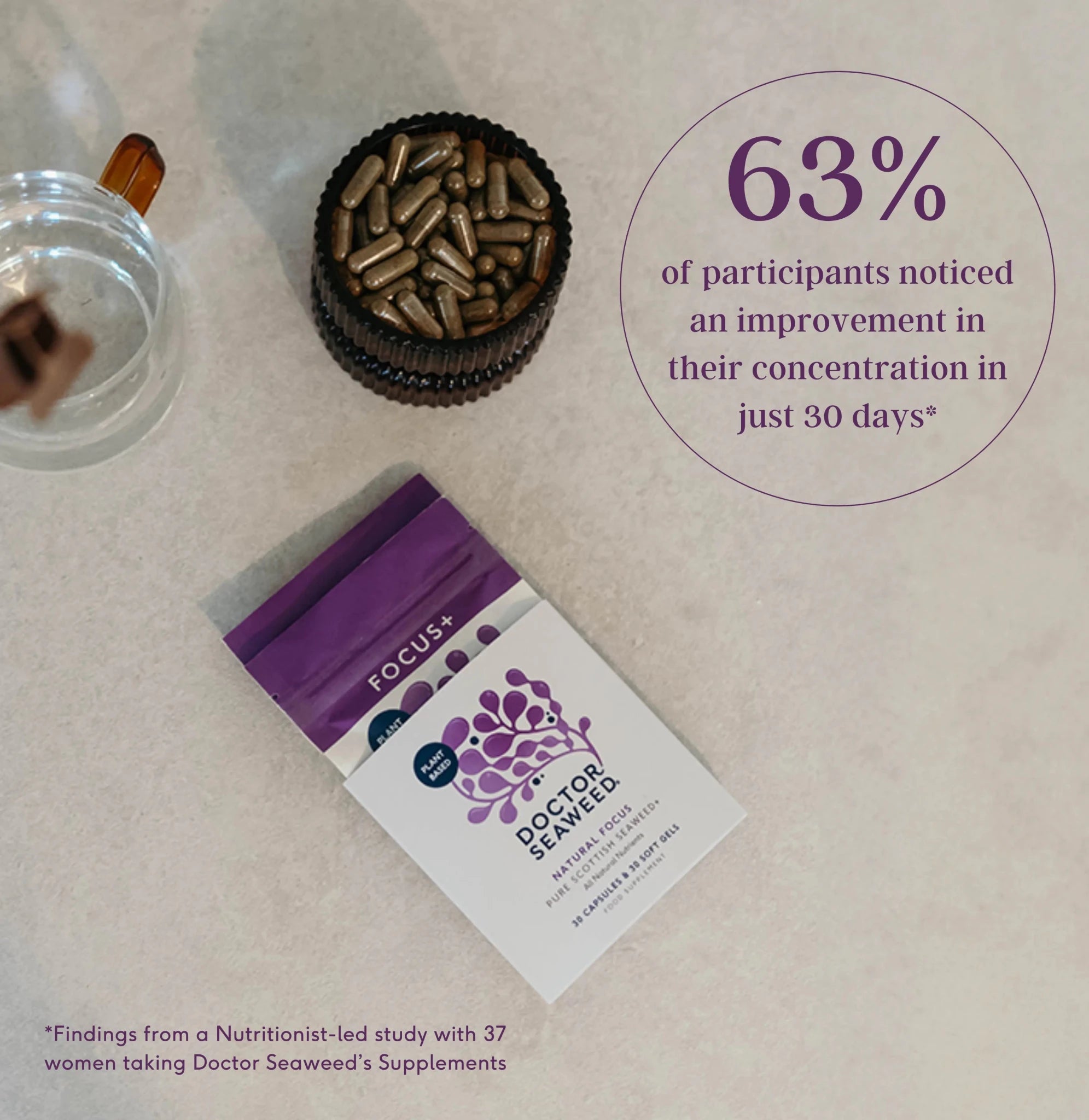 Doctor Seaweed Focus+ supplement bottle with label, highlighting wellness and focus benefits in a clean, professional setting.