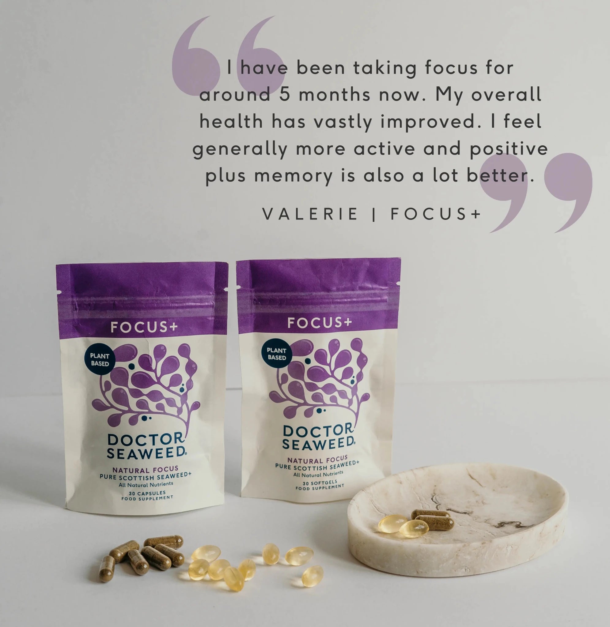 Doctor Seaweed Focus+ supplement image showing a bottle of Focus+ dietary supplement with focus and mental clarity benefits.