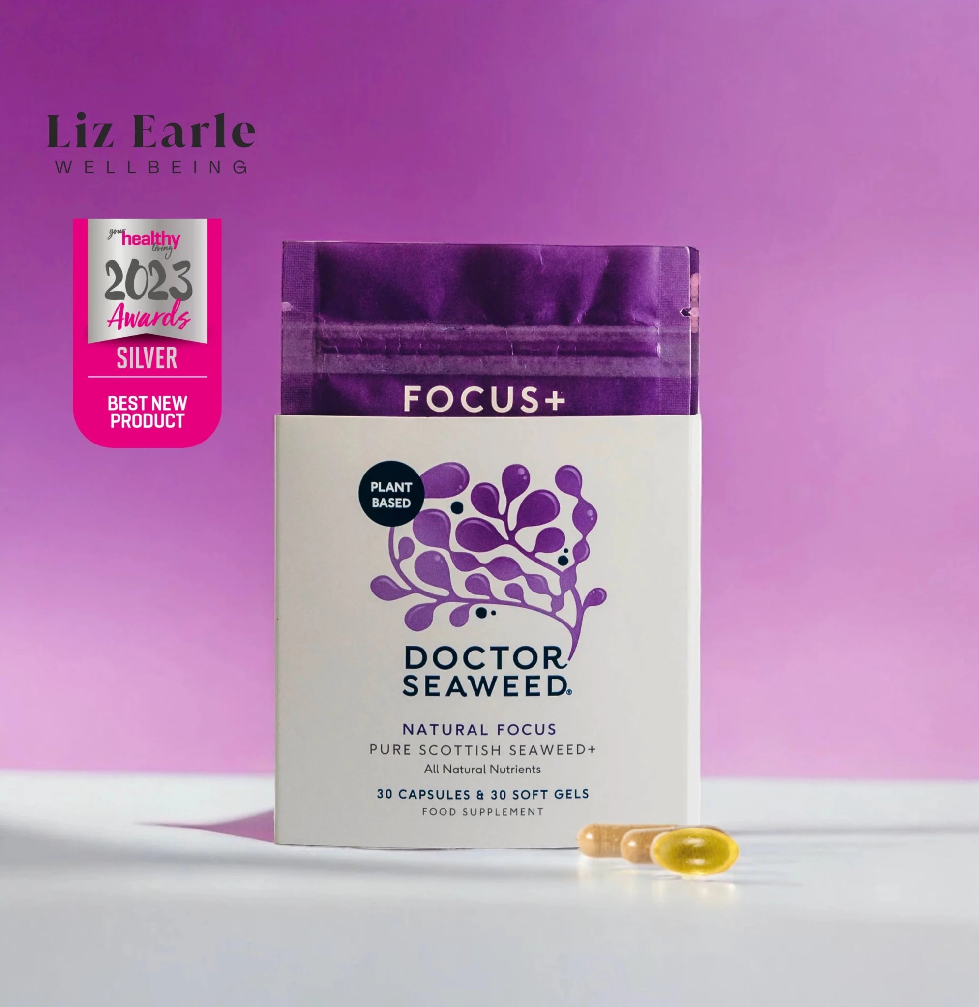 Doctor Seaweed Focus+ supplement bottle with label, showcasing dietary supplement for concentration and mental clarity.