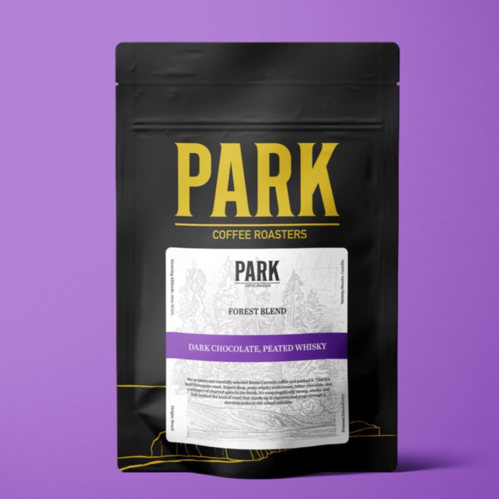 Park Coffee Forest Blend roasted coffee beans in a brown paper shop bag, showcasing a rich, aromatic coffee product.