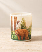 Trouvaille Forest Soy Scented Candle with bear artwork, featuring balsam fir and wild berries for a cozy, natural ambiance.