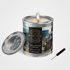 Musketeers Full Steam Ahead steam train scented masculine candle with detailed train illustration on a neutral background