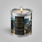 Musketeers Full Steam Ahead steam train scented masculine candle in a decorative jar, featuring a detailed train design.