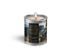 Musketeers Full Steam Ahead steam train scented masculine candle with lid, featuring a vintage train design on the container.