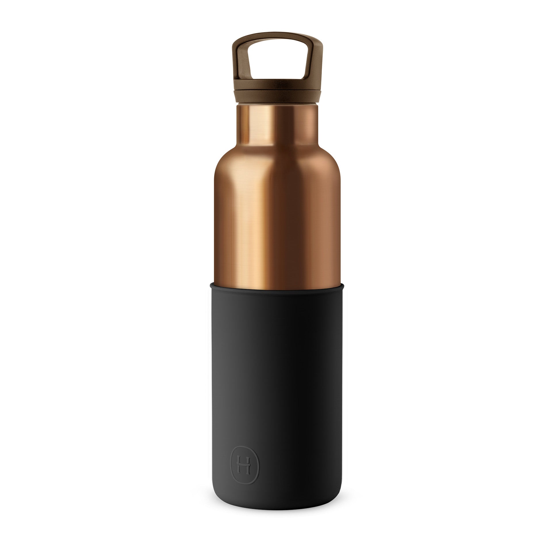 HYDY 20 oz bronze gold and midnight black stainless steel bottle with sleek design and secure lid.