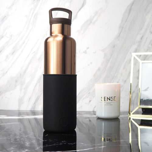 HYDY 20 oz bronze, gold, and midnight black stainless steel bottle with a sleek design and secure lid.