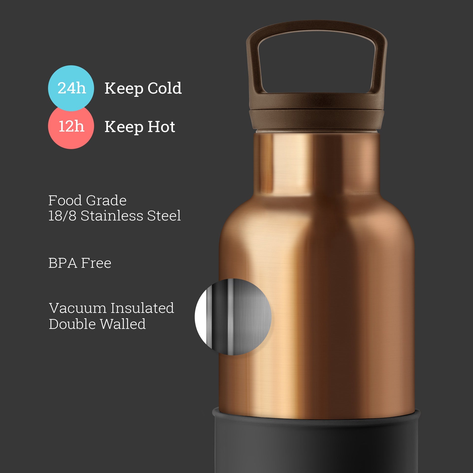 HYDY 20 oz bronze gold and midnight black bottle, stylish stainless steel drink container with a sleek design.