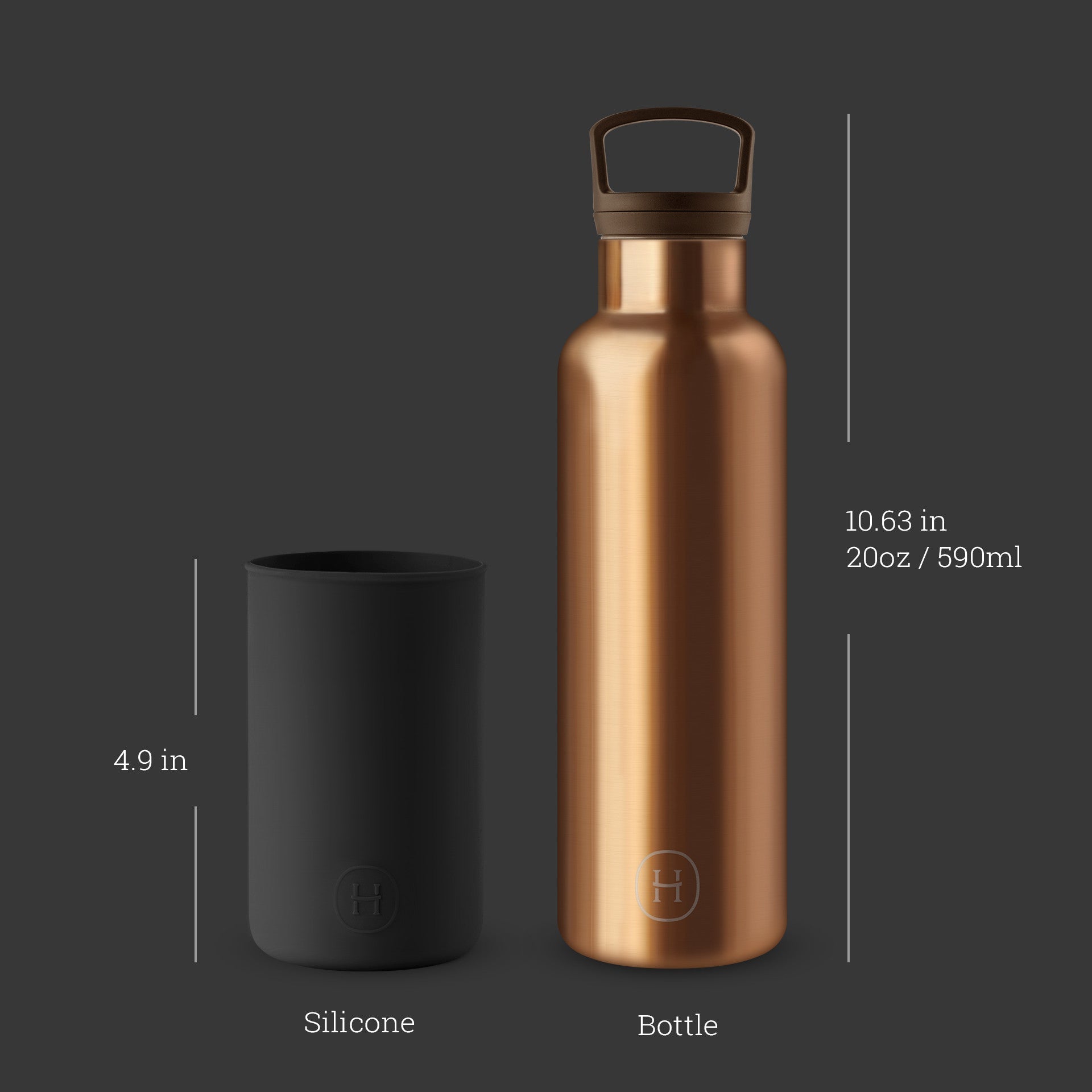 HYDY 20 oz bronze gold and midnight black bottle with sleek design and metallic finish, perfect for stylish hydration.