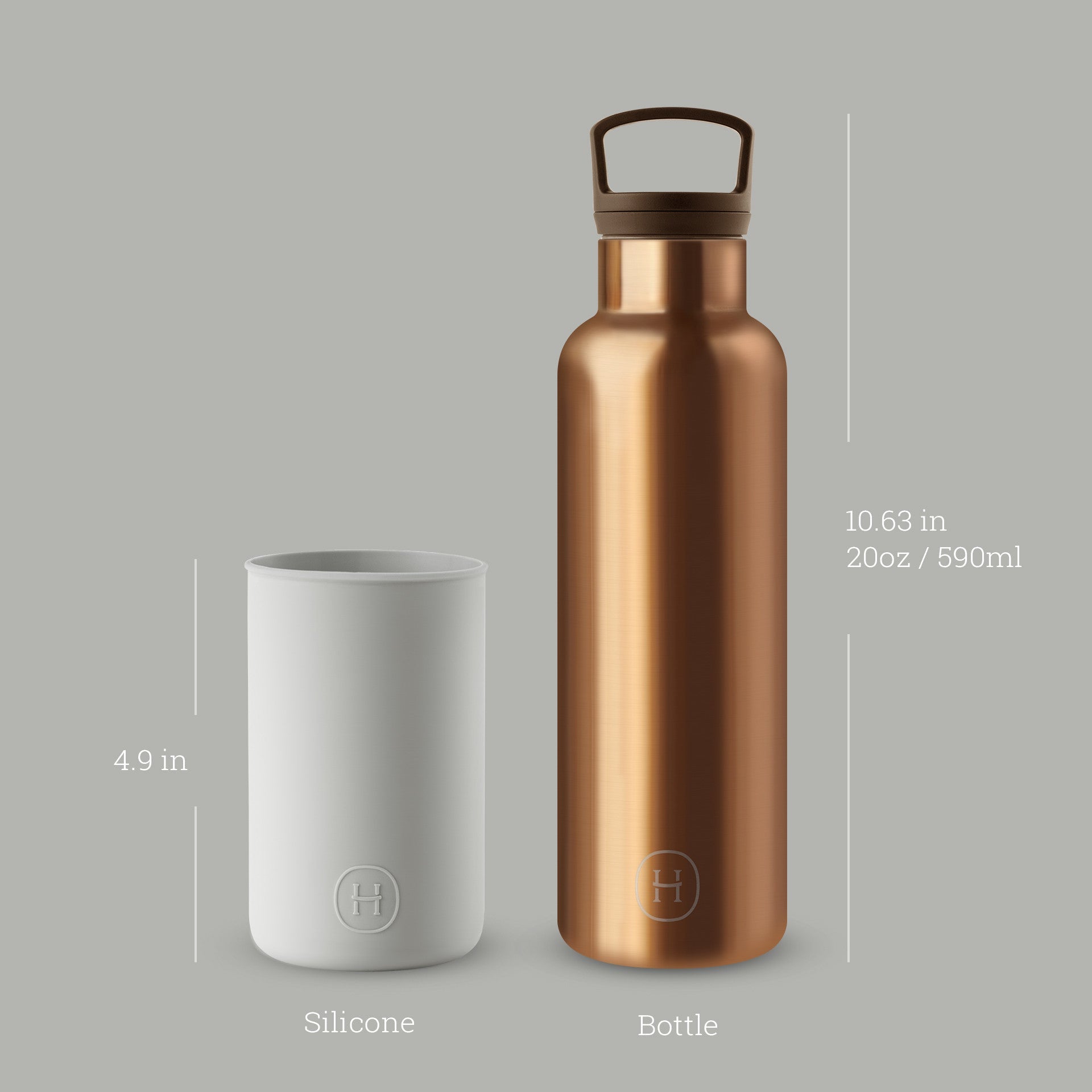 HYDY bronze gold and cloudy grey 20 oz bottle with a sleek design and metallic finish, showcasing its elegant style.