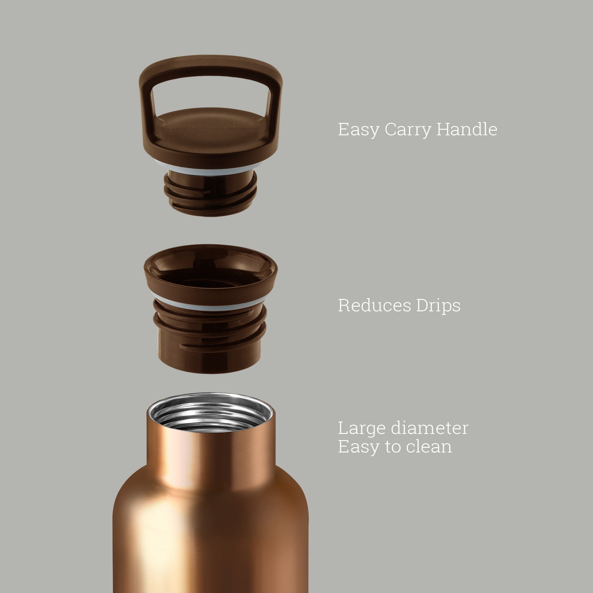 HYDY 20 oz bronze gold and cloudy grey bottle, durable stainless steel with a sleek design and leak-proof lid.