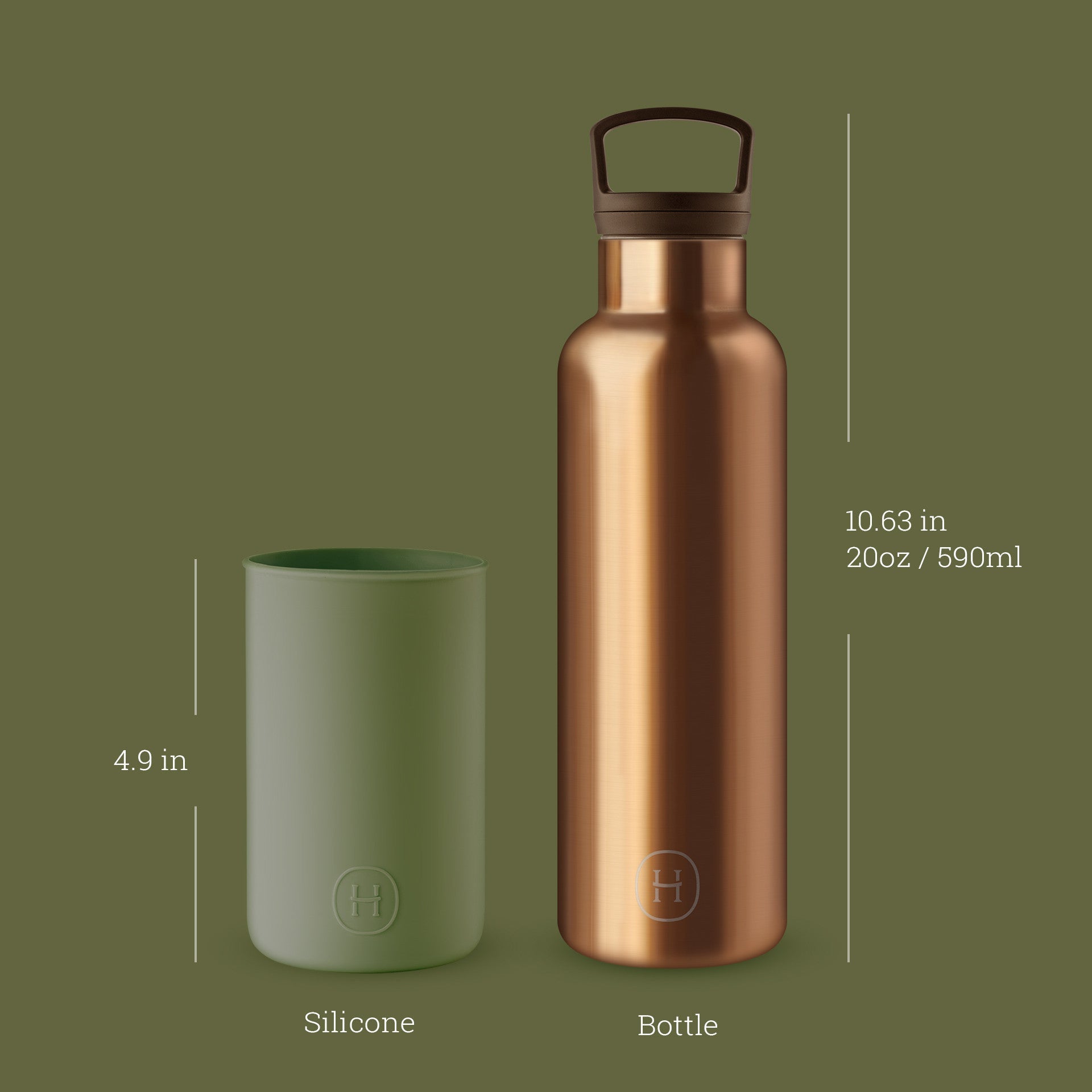 Bronze gold and seaweed green HYDY 20 oz bottle featuring a sleek design and vibrant color accents.