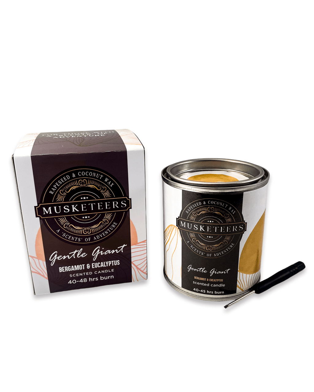Musketeers Gentle Giant candle with bergamot and eucalyptus scent, featuring a sleek masculine design for a fresh spa ambiance.