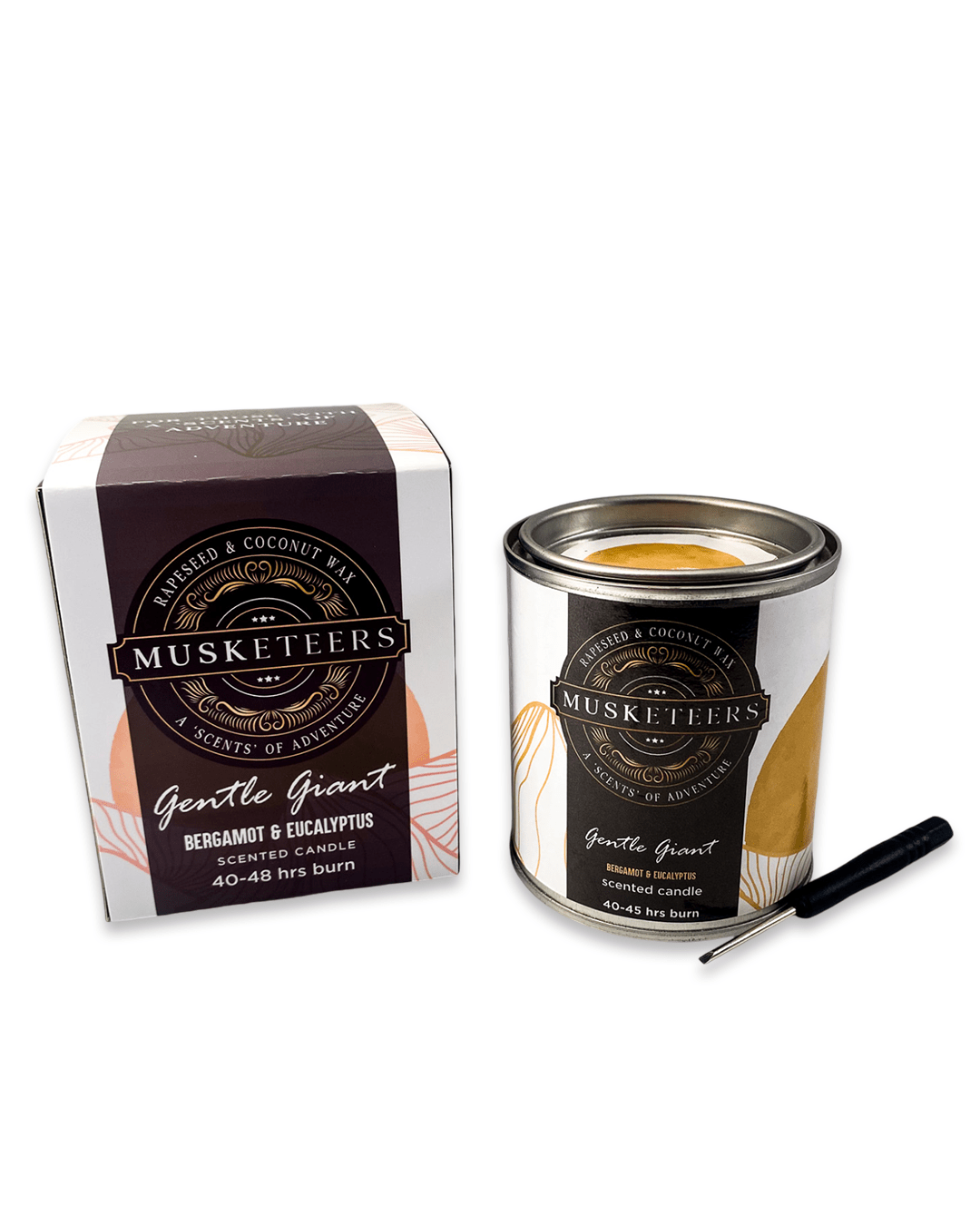 Musketeers Gentle Giant candle with bergamot and eucalyptus scent, featuring a sleek masculine design for a fresh spa ambiance.