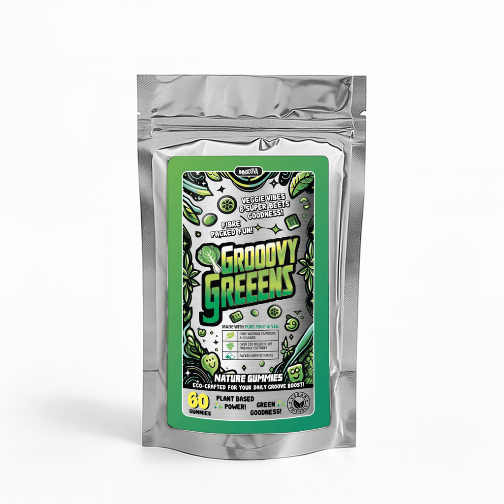 Innooova Grooovy Greeens supplement packshot showing vibrant green powder in a resealable pouch with branding.