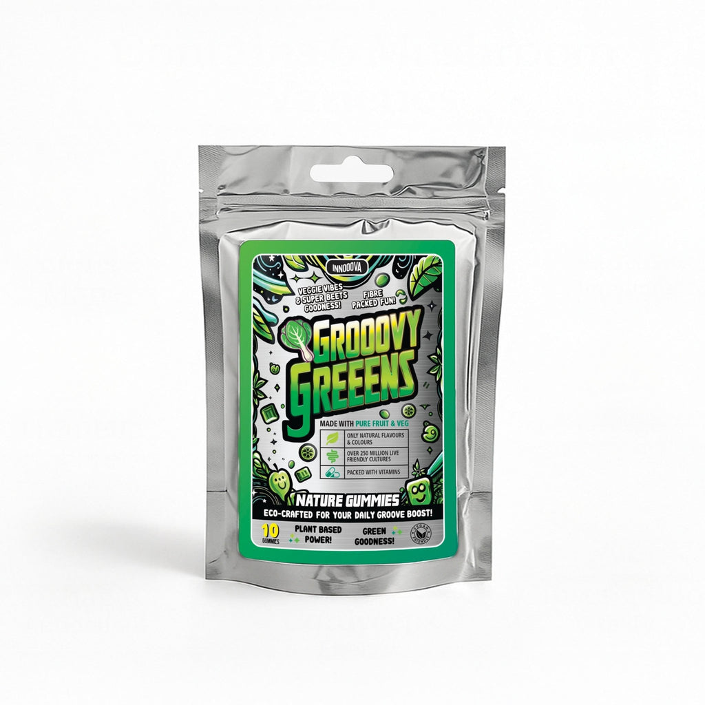 Innooova Grooovy Greeens Trial Pack with various green superfood powder packets on a white background.