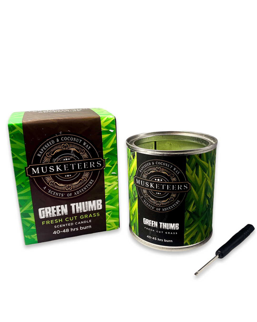 Musketeers Grass Scented Candle UK with fresh masculine fragrance, featuring a sleek candle design and natural green accents.