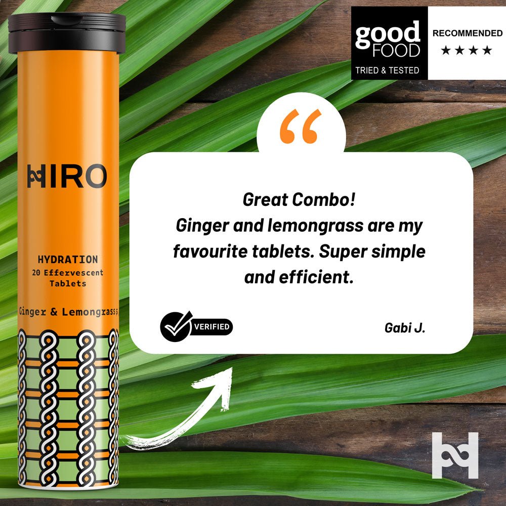 HIRO Hydration Ginger and Lemongrass triple pack bottles with fresh ingredients and vibrant labels.