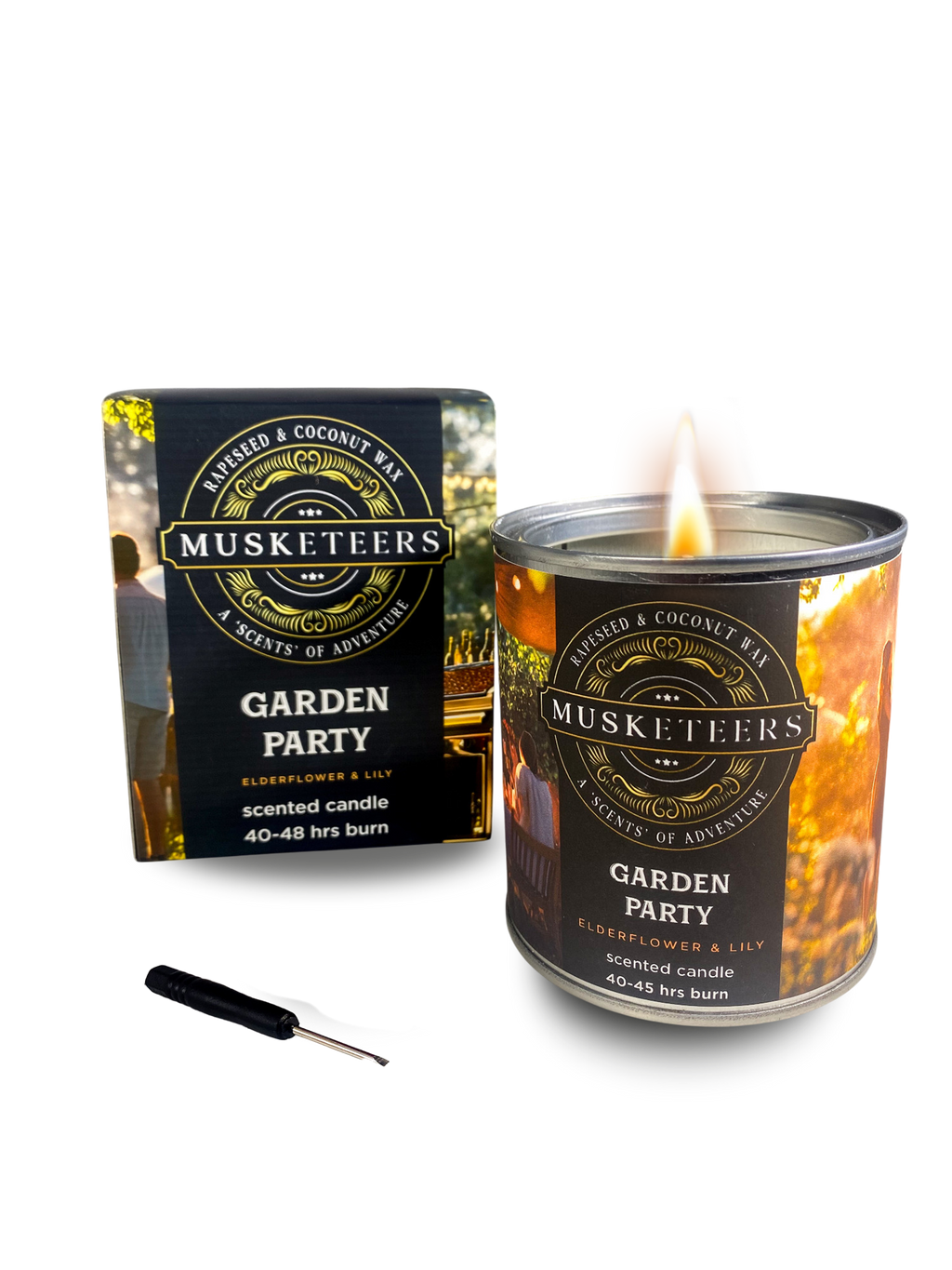 Musketeers Garden Party Candle with elderflower and lily scent, featuring a decorative candle in a glass holder.