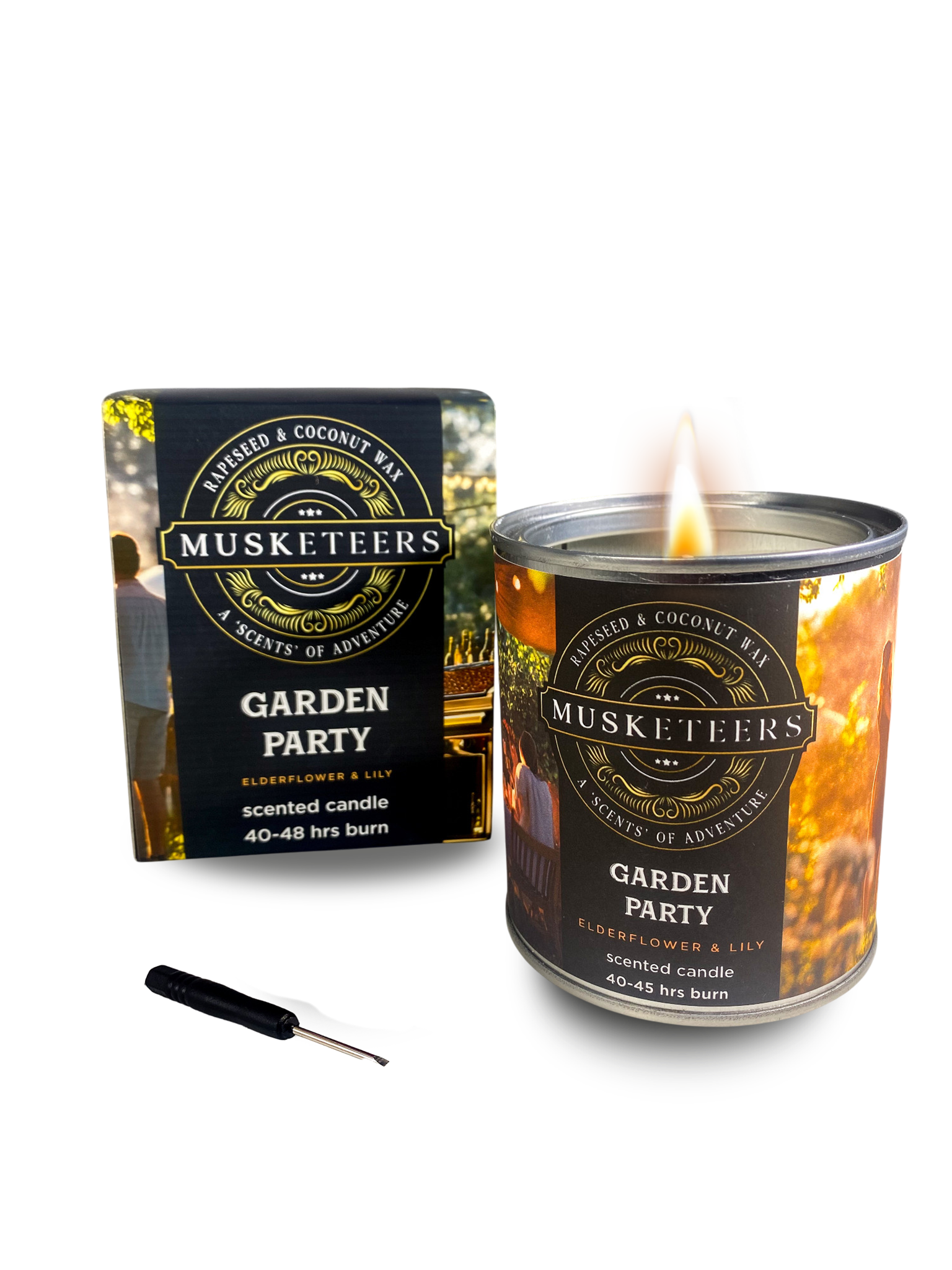 Musketeers Garden Party Candle with elderflower and lily scent, featuring a decorative candle in a glass holder.