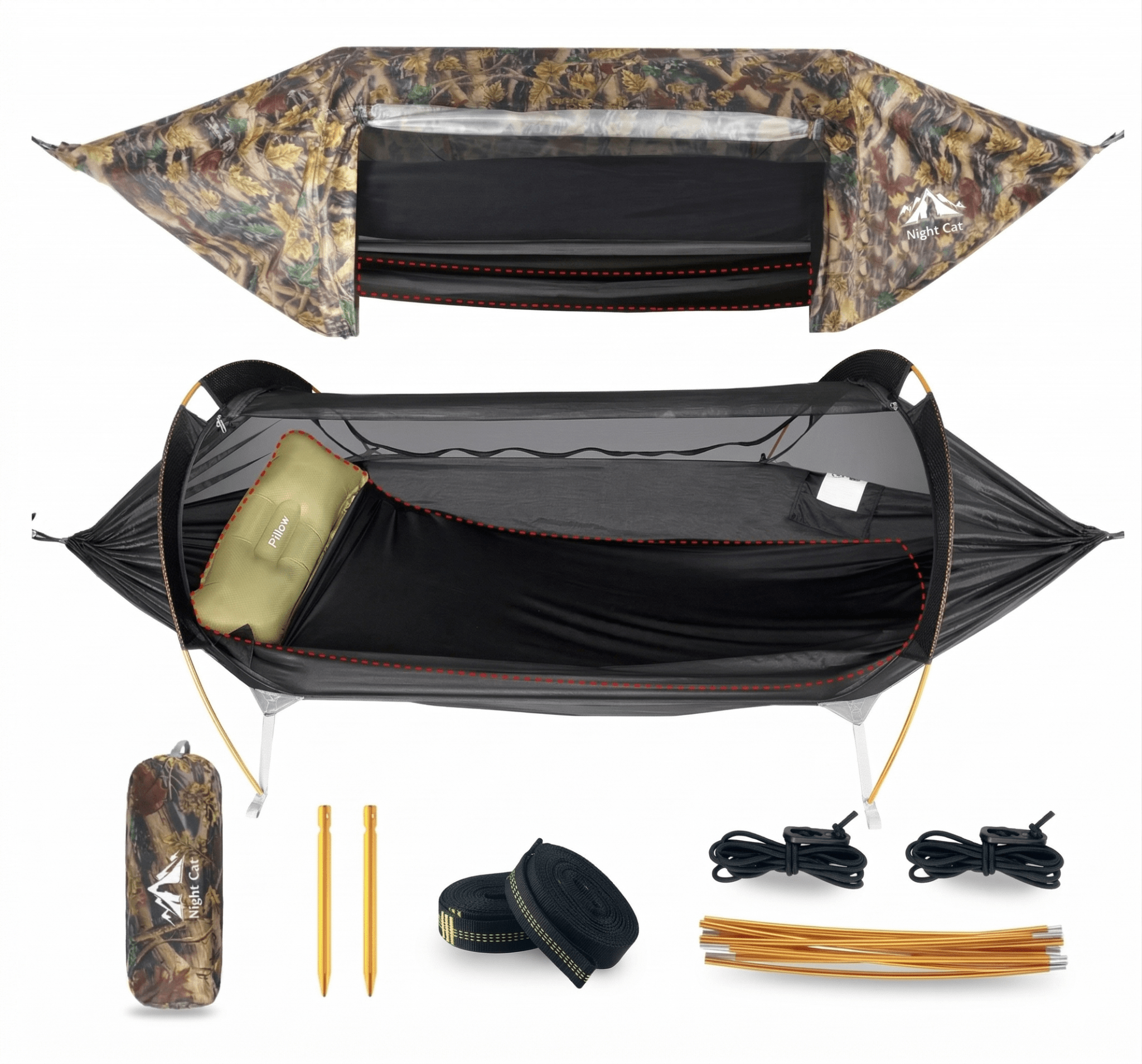 HikeWare Night Cat Hammock Tent hanging between trees, cozy outdoor camping setup with fabric and mesh sides for outdoor adventures.