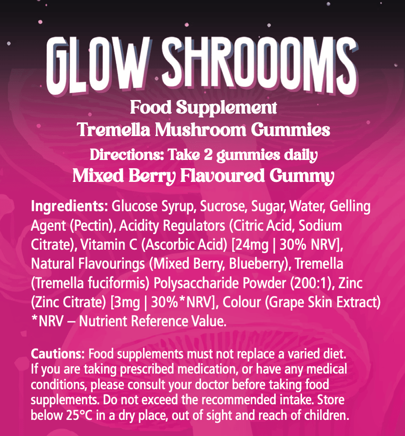Innooova Glow & Flow Bundle image showing ingredients of GlowShrooms for a 5-day trial, featuring natural mushroom extracts and vitamins.