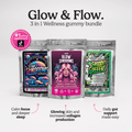 Innooova Glow & Flow Bundle with five trial packs featuring glowing and flowing skincare products in round containers.