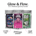 Innooova Glow & Flow Bundle with 30-day supply, featuring supplement bottles and a glow-enhancing skincare routine.