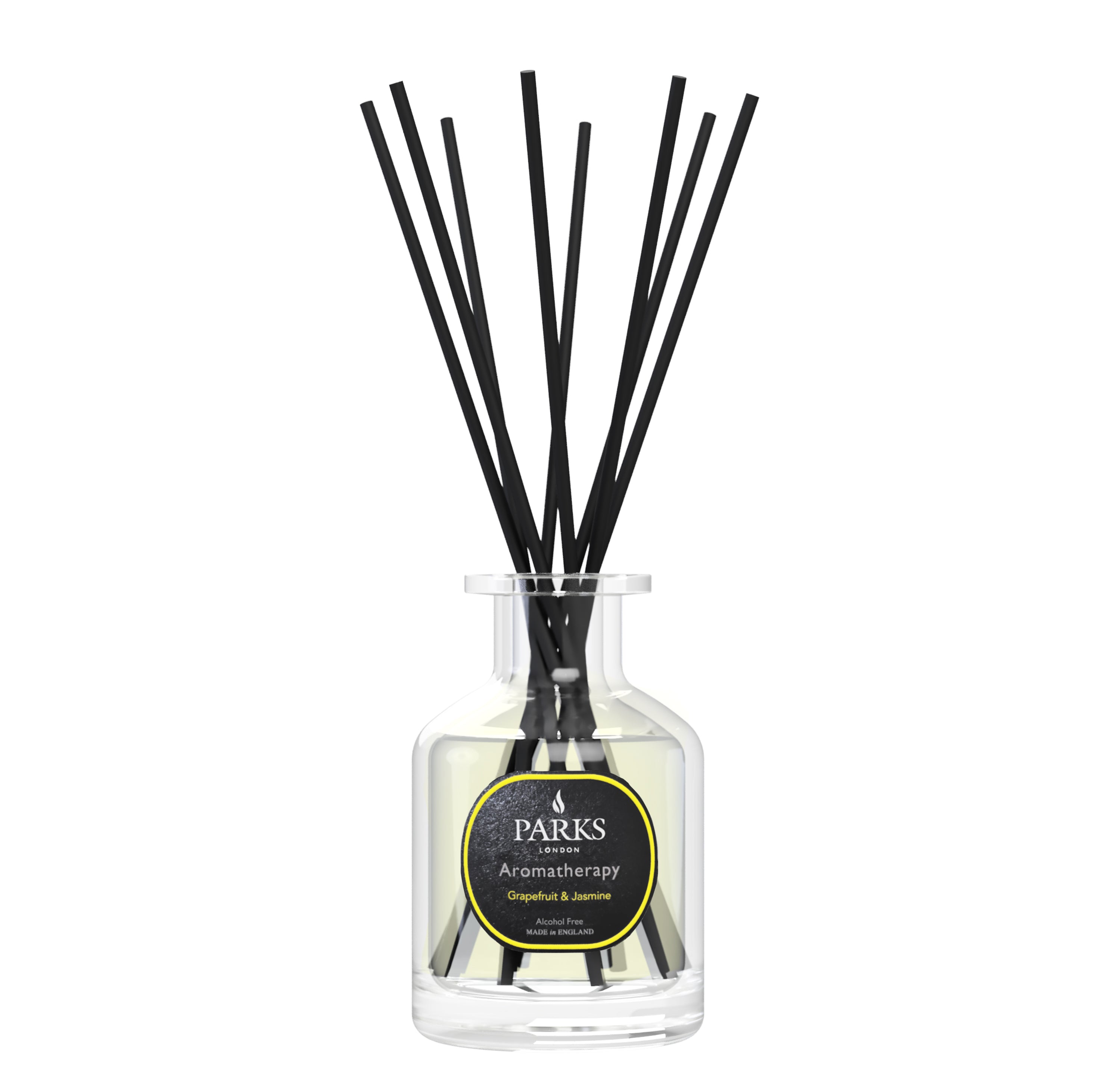 Reed diffuser with grapefruit and jasmine scent in a 100ml Parks Candles bottle, featuring a glass container with reed sticks.