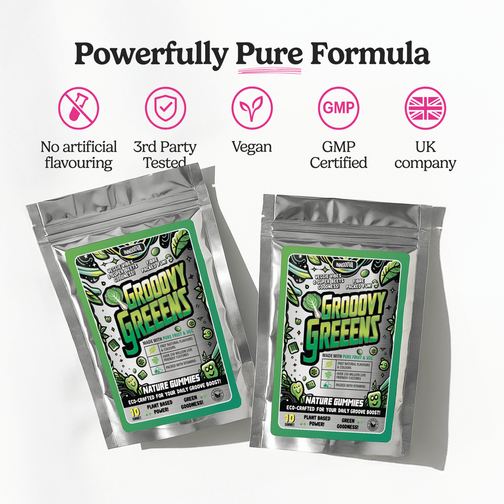 Innooova Grooovy Greeens Trial Pack with assorted green superfood powders in resealable pouches on a white background.