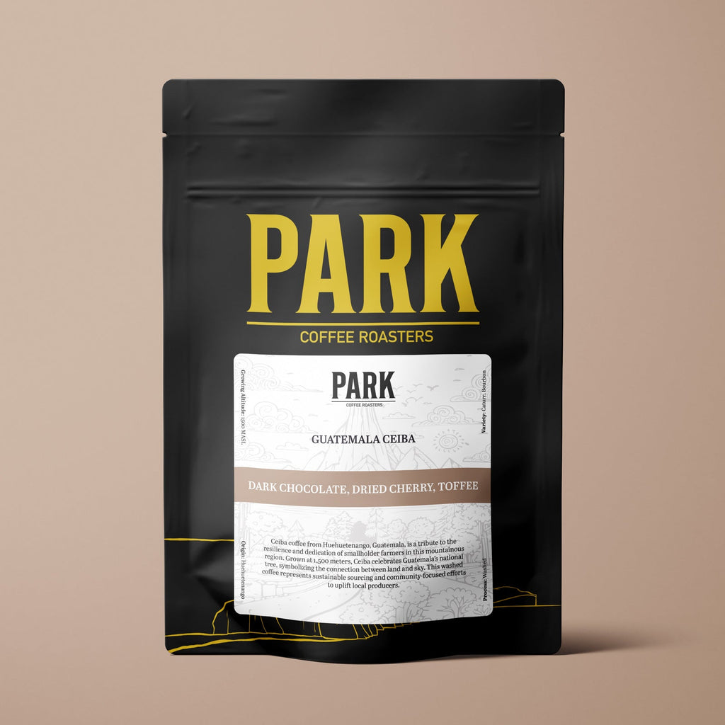 Bag of Park Coffee Guatemala Ceiba coffee beans showcasing the rich, aromatic roasted coffee in a clear bag.