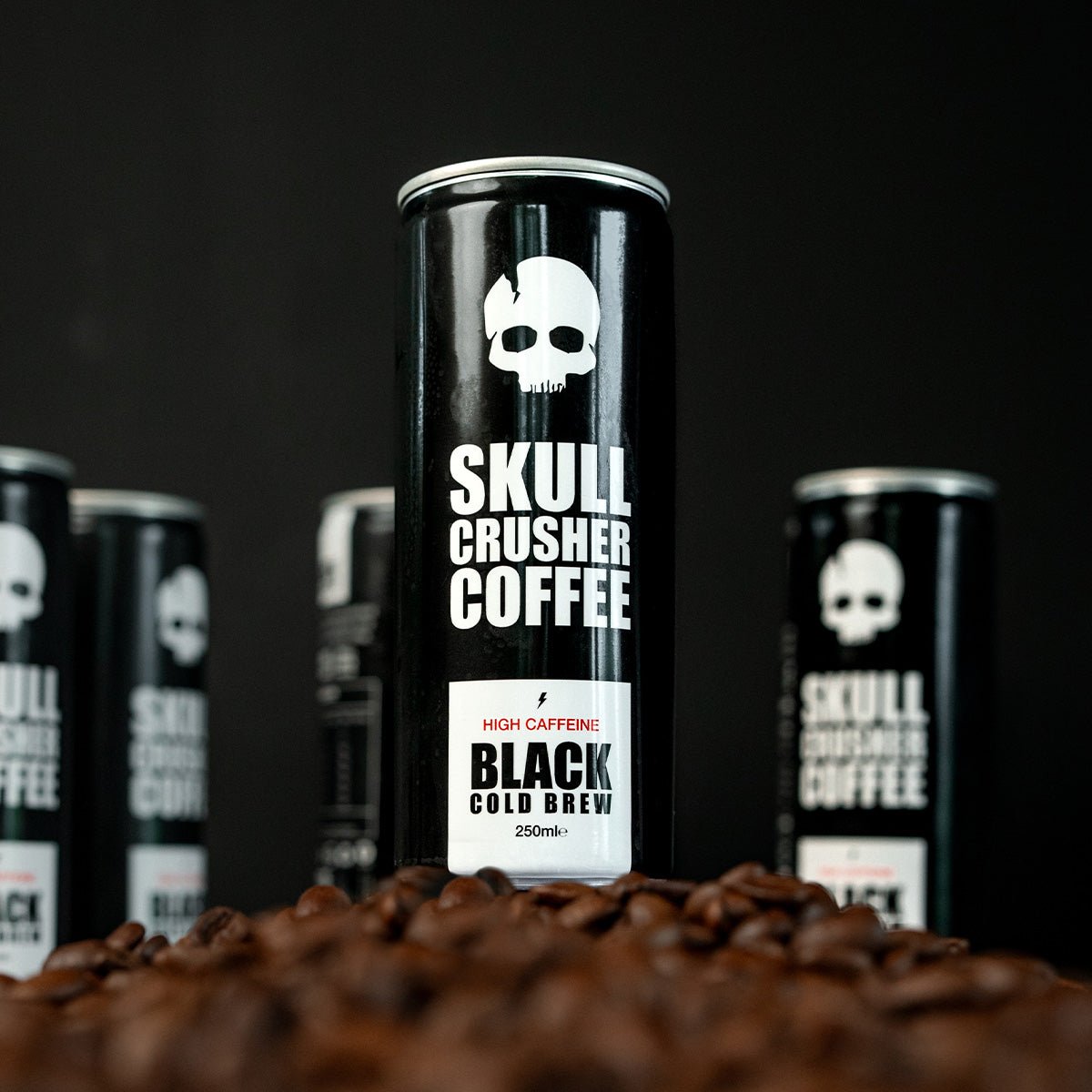 Cold brew coffee cans by Skull Crusher Coffee, 6-pack of 250ml cans with high caffeine content.