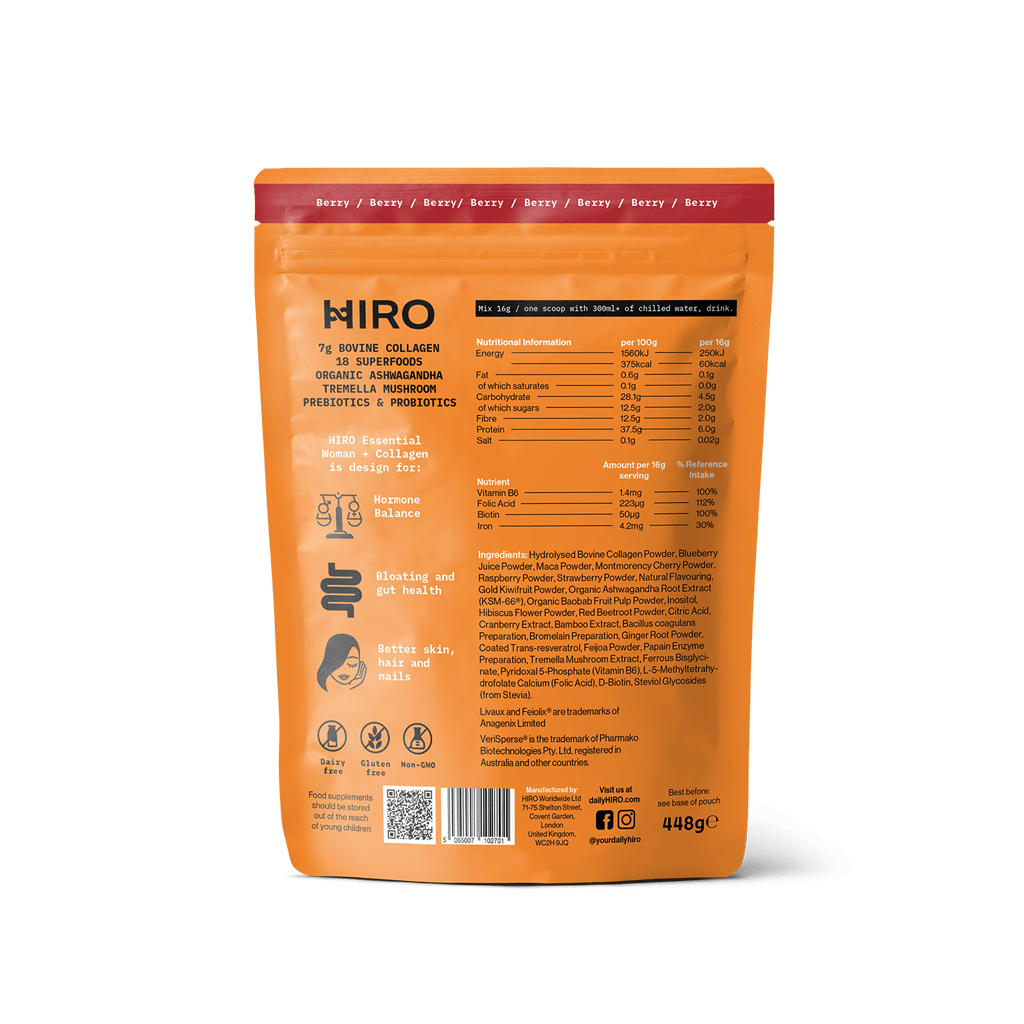 Back view of the HIRO Essential Woman + Collagen Superblend pouch showing the product label and packaging design.