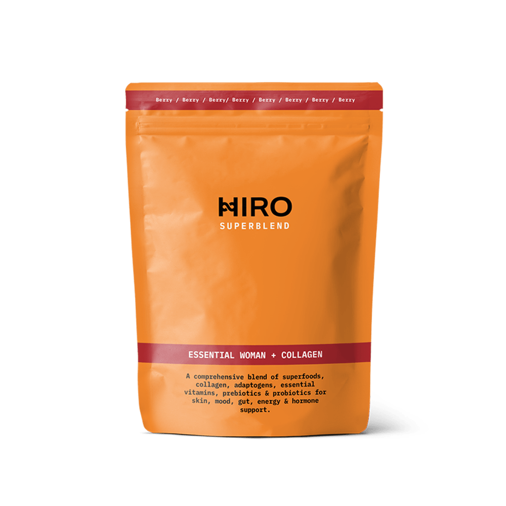 Front view of HIRO Essential Woman + Collagen Superblend pouch showing vibrant packaging and product branding.