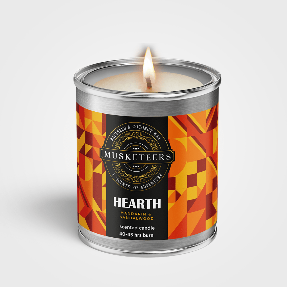 Musketeers Hearth Sandalwood Candle with Mandarin and Sandalwood scent, featuring a sleek candle design and label.