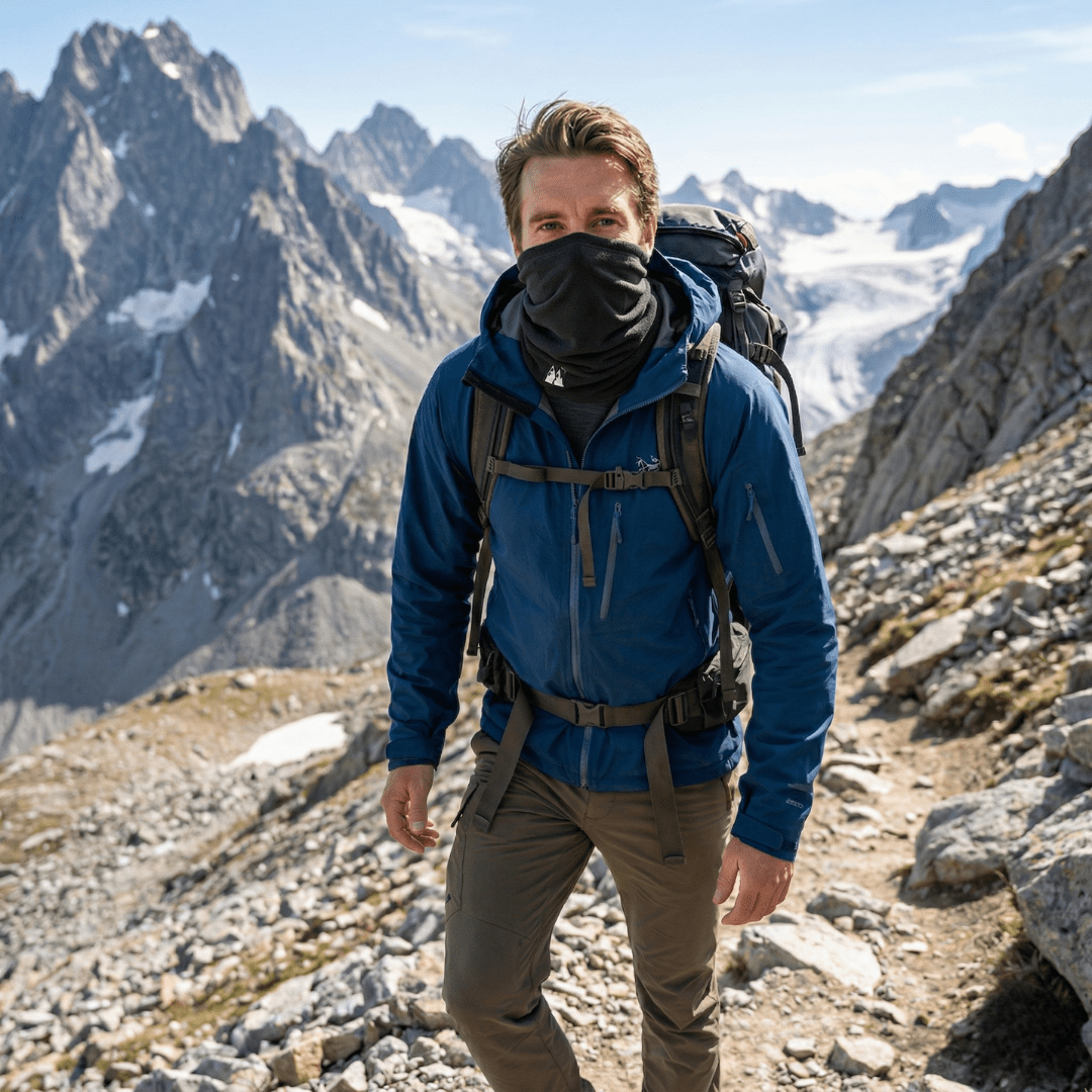 HikeWare adjustable thermal fleece snood worn as a windproof neck warmer and face mask on a model outdoors.